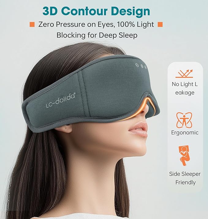 Sleep Mask with Headphones Bluetooth 5.4，LC-dolida 2025 New 3D Bluetooth Sleep Mask Headphones with Soft Bamboo Cotton for Side Sleepers Women Men, Sustainable Luxury for Better Sleep