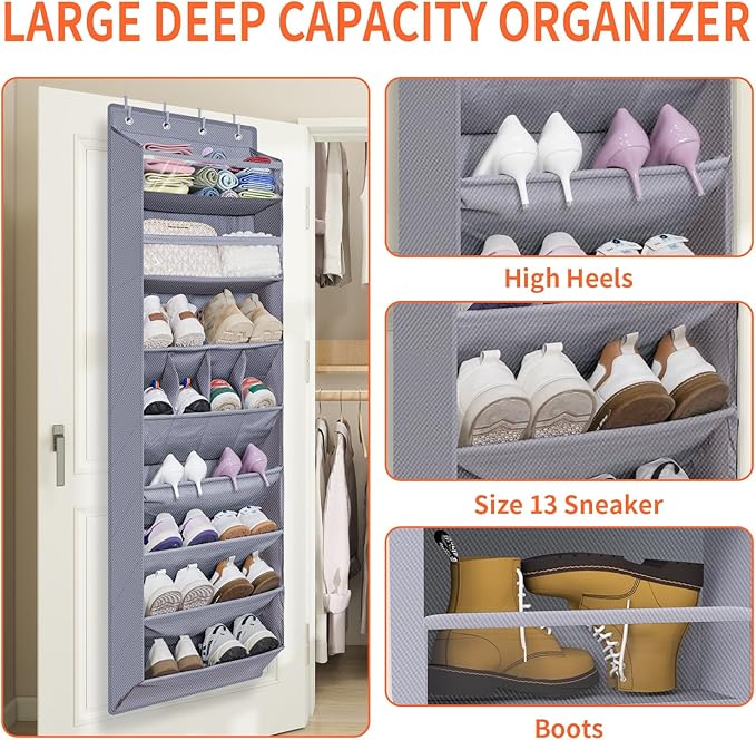 FENTEC 1 Pack Over The Door Shoe Organizer,68" Exlarge Deep Pockets Hanging Shoe Organizers, 8 Shelves Shoe Rack for Closet, Shoe Holder for Boots,Over Door Organizer in Home, RV, Dorm, Grey