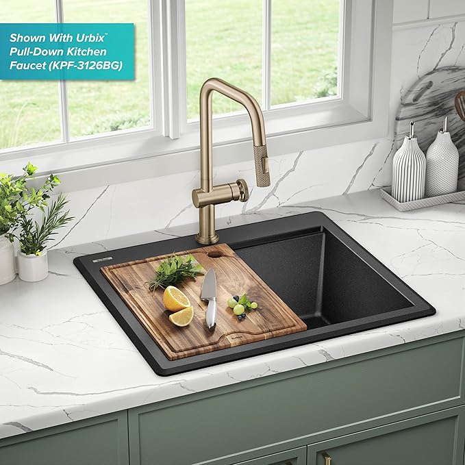 KRAUS Bellucci 25-inch Granite Workstation Drop In Top Mount Single Bowl Kitchen Sink in Metallic Black with Accessories, KGTW12-25MBL