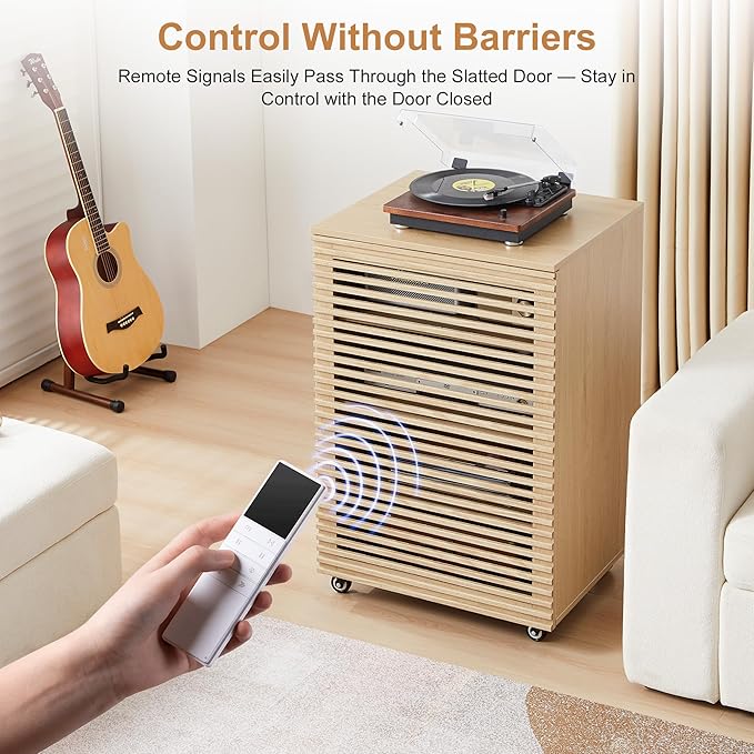 LEVNARY 5-Tier AV Media Cabinet with Grille Door & Adjustable Shelves, Modern Wooden Stereo Rack with Cable Management & Wheels, Audio Video Stand for Living Gaming Room Recording Studio (Natural)