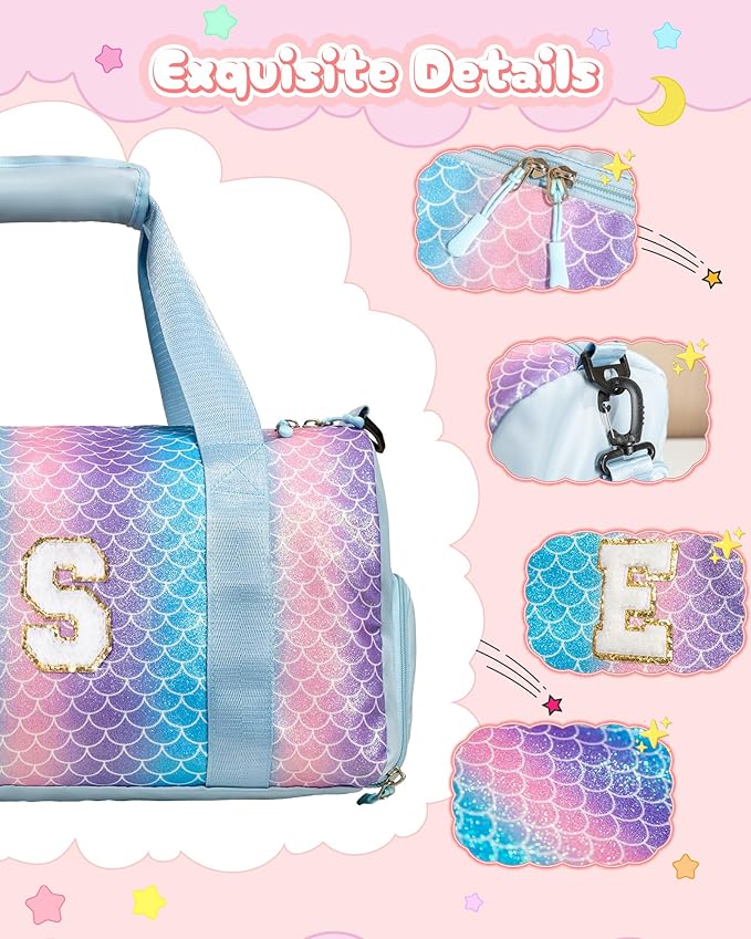 Gifts for 4 5 6 7 8 9 10 Year Old Girls-Girl Gym Bag with Shoe Compartment, Kid Personalized Weekender Overnight Bags, Initial Travel Tote with Makeup Pouch, Gift for Daughter (Letter G)