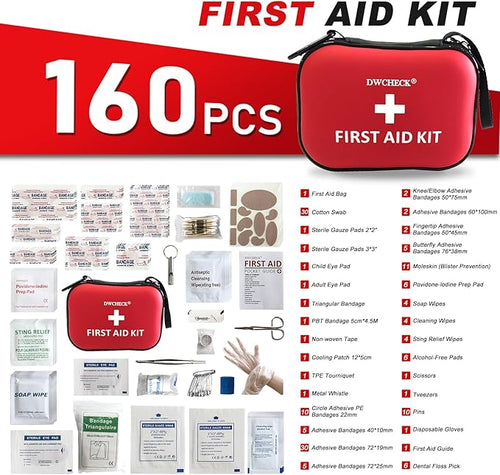 160 Piece Mini First Aid Kit, Compact Waterproof Hard Shell Small Emergency Medical Kit for Travel, Car, Home, Office, Vehicle, Hiking - Camping Essentials and Outdoor Survival Kit