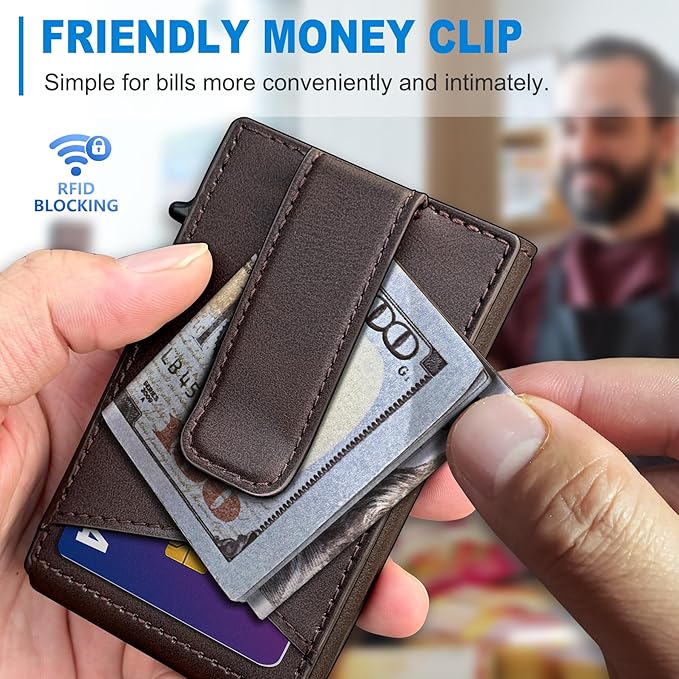 Airtag Wallet for Men,with Money Clip Gift Boxed,Slim Front Pocket Wallet RFID Blocking Metal Case Smart Pop-up Credit Card Holder in Magnetic Leather Flip