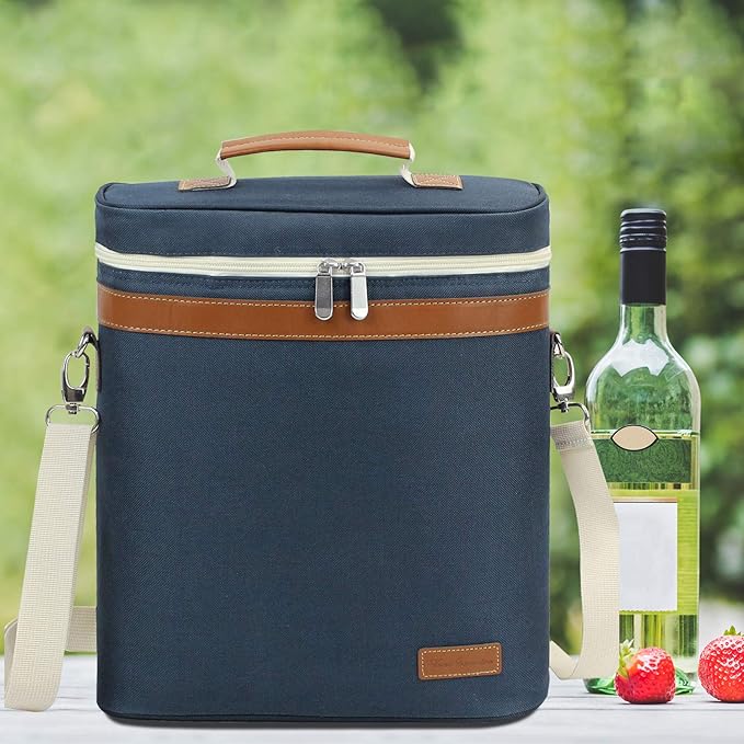 ZORMY 3 Bottle Insulated Wine Tote Cooler Bag, Portable Carrier with Corkscrew Opener and Shoulder Strap for Beach Travel Picnic, Unique Gift for Wine Lovers Navy Blue