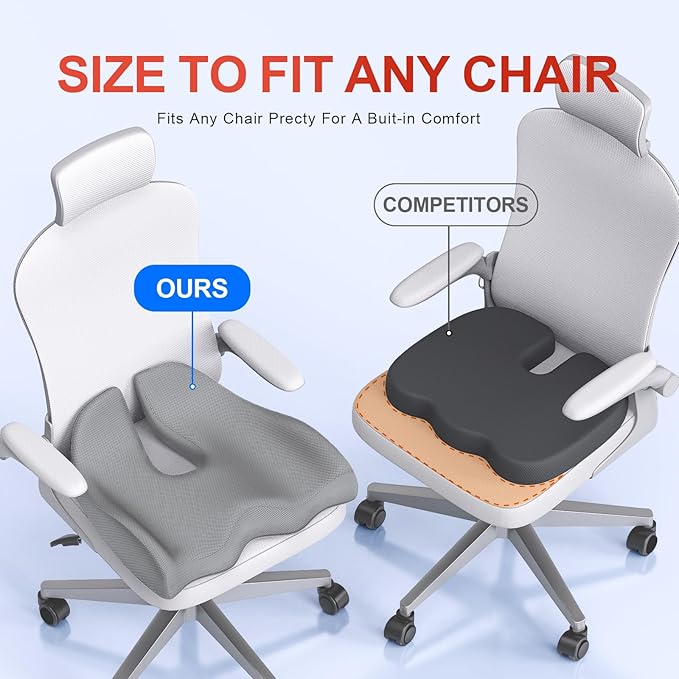 Benazcap X Large Memory Seat Cushion for Office Chair Ergonomic Cushions Pad Pillow for Pressure Relief Sciatica & Pain Relief Memory Foam for Long Sitting for Gaming Chair and Car Seat Gray