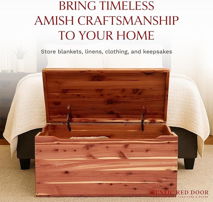 Amish Made Wooden Storage Chest Trunk Box with Lid and Handles for Bedroolanket, Clothes, Anti-Slam Hinges, Handmade, Rustic, Cedar Wood, Natural Stain, 36"