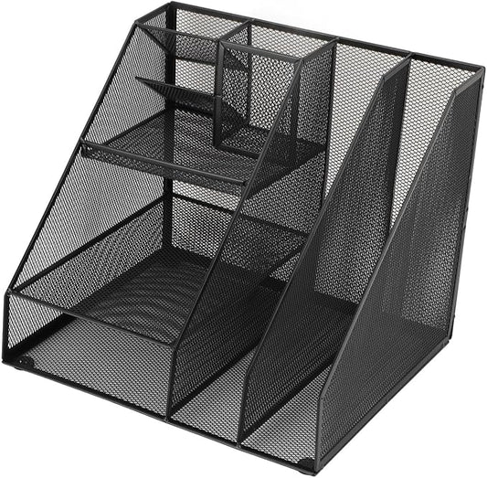 Metal Mesh Desk Organizer, Multifunctional Pen Holder & Office Supplies Organizer with Durable Lightweight Black Iron Design