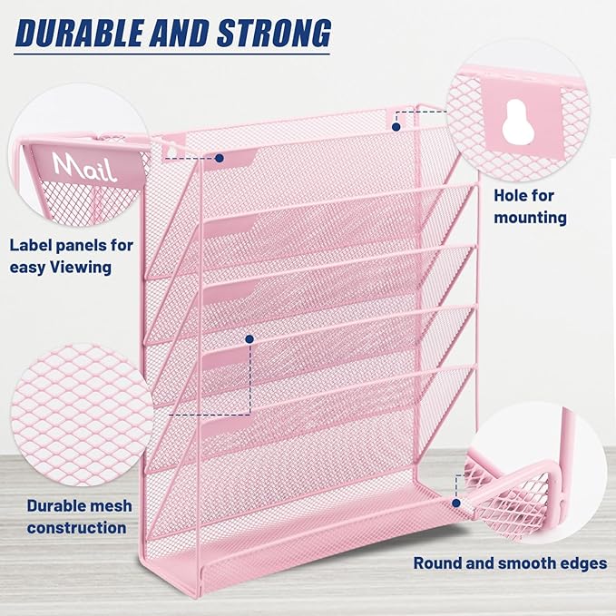 EASEPRES Desk File Organizer Mesh 6-Tier, Hanging Wall Mount Document Organization Stand, Desktop Vertical Mail Paper Folder Holder Rack with Bottom Tray for Office Home Cubicle Countertop, Pink