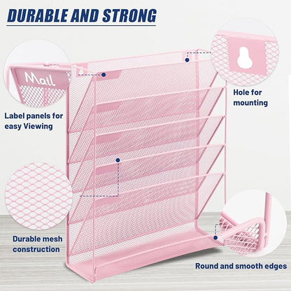 EASEPRES Desk File Organizer Mesh 6-Tier, Hanging Wall Mount Document Organization Stand, Desktop Vertical Mail Paper Folder Holder Rack with Bottom Tray for Office Home Cubicle Countertop, Pink