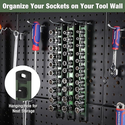 WORKPRO Magnetic Socket Organizer, 3/8-Inch Drive Aluminum Alloy Sockets Rail, Heavy Duty Sockets Holder, Socket Rack Kit 3/8-Inch x 10 Clips Green (Socket not Included)