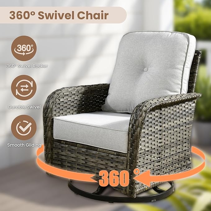 HOOOWOOO Patio Furniture Set,5 Pieces Outdoor Conversation Set,All Weather Wicker Loveseat Sofa Set with High Back Swivel Rocking Chairs Tables,Light Gray