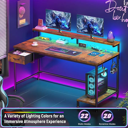 39.3Inch Office Desk with Power Outlet & Drawer, Gaming Desk with CPU Stand& LED Lights,Computer Desk with Ergonomic Monitor Stand for Small Space,Rustic Brown