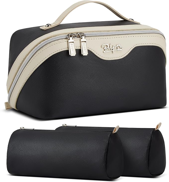 BOYATU Travel Makeup Bag Organizer Cosmetic Bag: 3 Pcs Set Make up Bags for Women with Handle - Waterproof Vegan Leather Toiletry Bags with Comparments (D-03-Black)