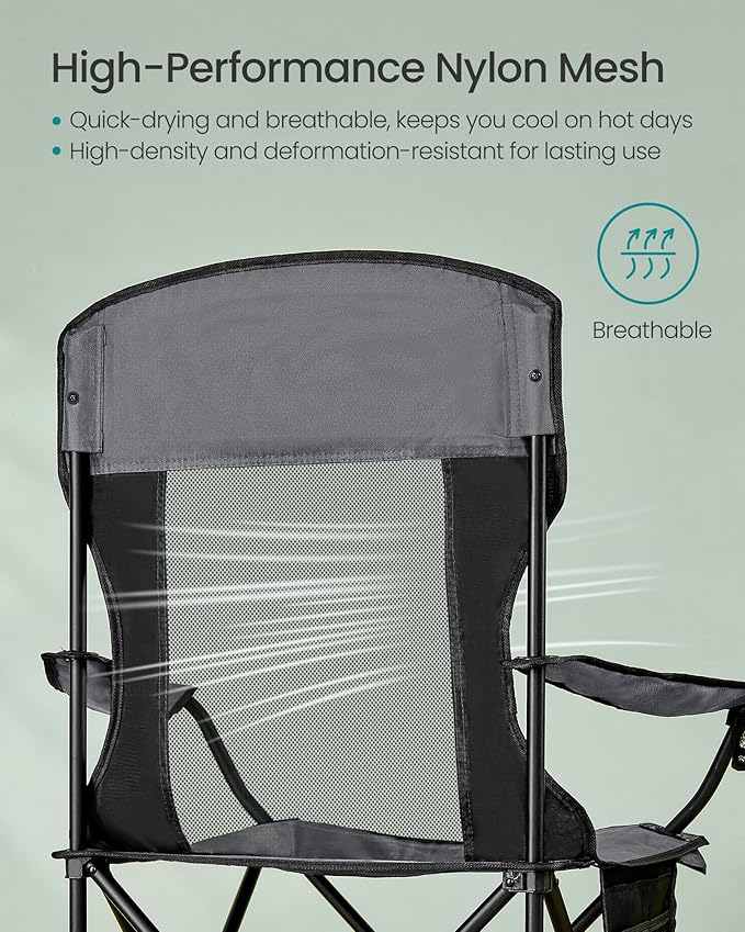 SONGMICS Breathable Camping Chairs, Foldable Outdoor Chairs Set of 2, High Back, Adjustable Armrests, Drink Holder, Weight Capacity 330 lb, for Sports Garden Backyard, Slate Gray UGCB028G01