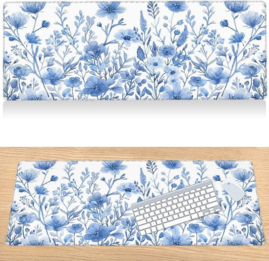 31.5”x11.8”Large Gaming Mouse Pad for Desk, Mouse Mat with Seamed Edges, Waterproof Desk Pad, Non-Slip Rubber Base, Keyboard Pad Computer Mat, Big XL Mousepad- Blue and White Flower