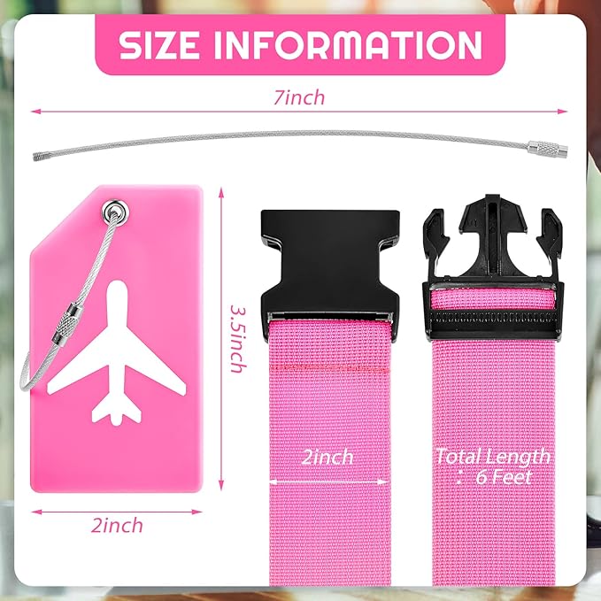 Weewooday 8 Pcs Luggage Straps Suitcase Tags Set for TSA Approved, 4 Travel Adjustable Suitcase Belt, 4 Silicone Luggage Tags with Name ID Card Travel Accessories(Pink, Light Blue,Airplane)