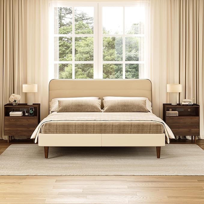 Mid-Century Modern Nightstand with Charging Station, 26" Tall Wood Bedside Table with Tray Top, USB & Type-C Ports, AC Outlets, 2 Drawers and Open Shelf for Bedroom or Living Room, Walnut