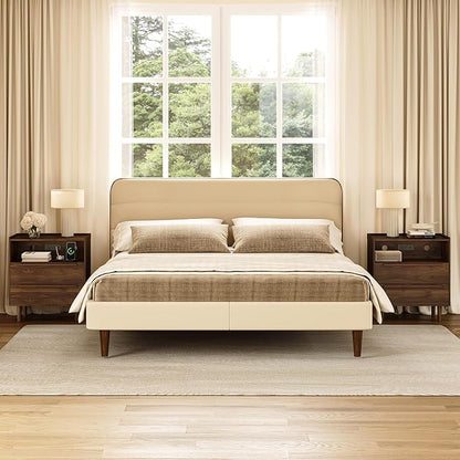 Mid-Century Modern Nightstand with Charging Station, 26" Tall Wood Bedside Table with Tray Top, USB & Type-C Ports, AC Outlets, 2 Drawers and Open Shelf for Bedroom or Living Room, Walnut