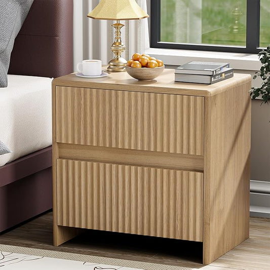 Fluted Nightstand, 23" Wood Bedside Table with 2 Storage Drawers, Oak Modern Night Stand for Bedroom, Office, Oak