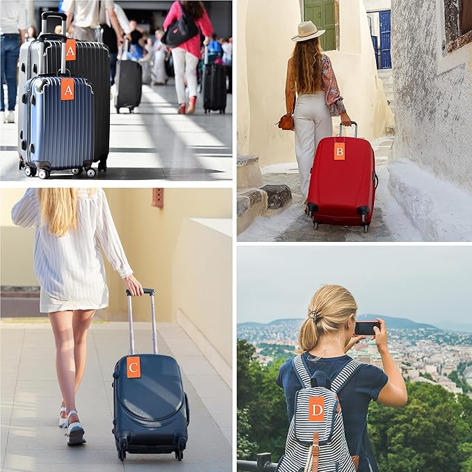 Gostwo 2 Pack Luggage Tags for Suitcases, 26 Initial Letter Travel Luggage Baggage Identification Labels ID Tag Fully Bendable Tags with Stainless Steel Loop (Orange) (Letter W)