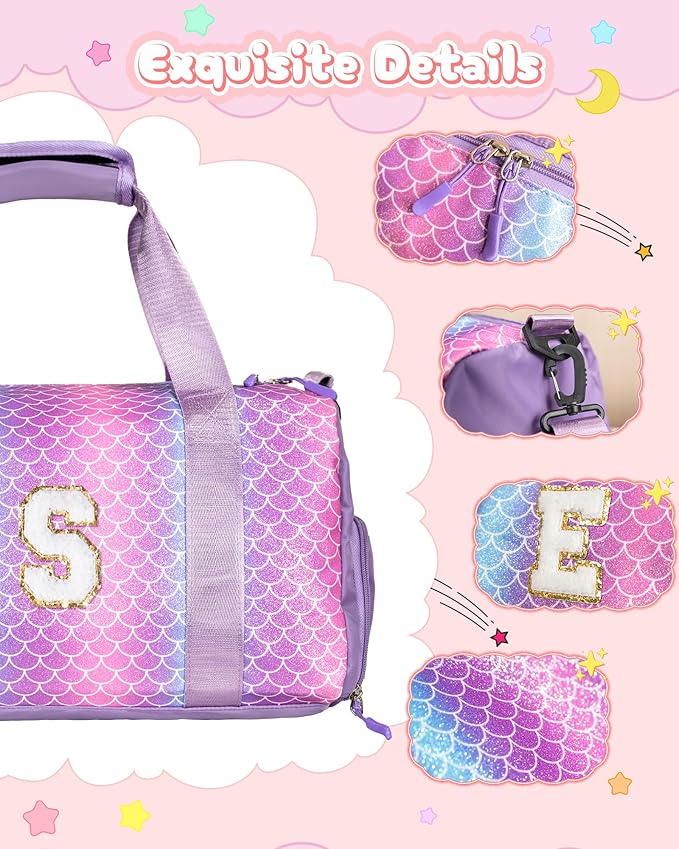 Birthday Gifts for Granddaughter-Girl Gym Bag with Shoe Compartment, Kid Personalized Weekender Overnight Bags, Initial Travel Tote with Makeup Pouch Valentine's Day Gift for Kids (Letter I)