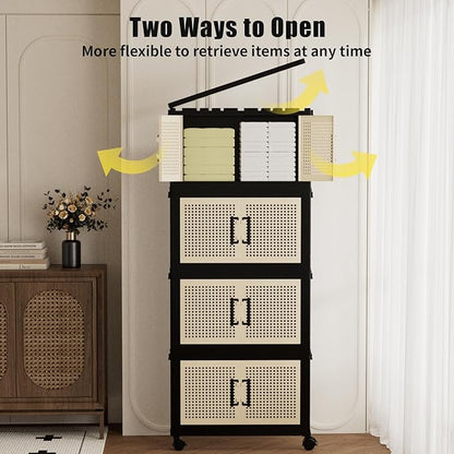 Stackable Storage Bins with Lids,Collapsible Plastic Storage Box Closet Organizers and Storage with Wheels and Magnetic Door for Home Office Dorm (4 Pack)