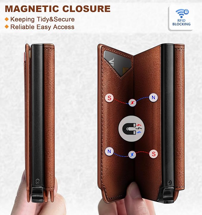 BULLIANT Men Wallet Leather Wallet Card Holders Money Clip for Men 10Cards-Magnetic Flip on Metal Case