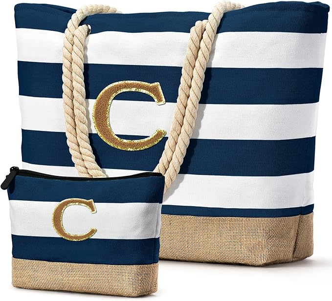 Becokan Beach Bag Initial Beach Tote with Makeup Bag for Travel Work Storage Personalized Birthday Gifts for Women Her