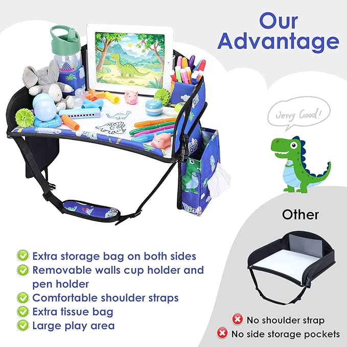 Kids Travel Tray for Airplane - Toddler Car Seat Table Tray, Road Trip Essentials for Boys & Girls, Carseat Lap Desk for Kids Road Trip Activities,Blue Dinosaur