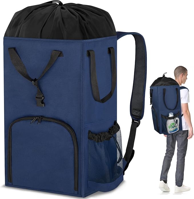 Laundry Bag Backpack Extra Large, 110L Laundry Backpack Heavy Duty with Shoulder Straps, Collapsible and Mesh Pocket Dorm Laundry Basket Hamper Bag for College, Travel, Laundromat, Apartment Blue