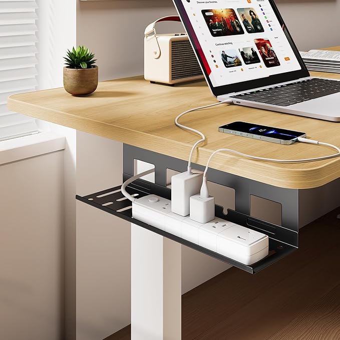 Under Desk Cable Management Tray, 15.7 Inches Metal Cord Organizer Rack, Desk Tray for Power Strip, Cord, Wire, Easy Mounting Cable Management Under Table for Home Office, Black