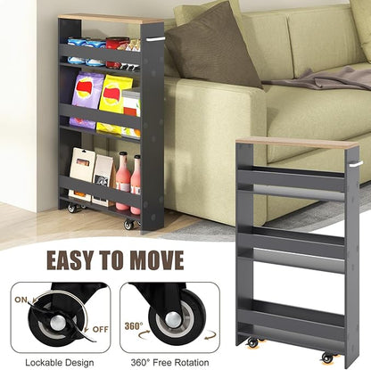 Rolling Storage Cart, 4 Tier Slim Storage Cabinet with 4 Universal Wheels, Convenient Handle, Narrow Laundry Cart for Small Space Bathroom Office