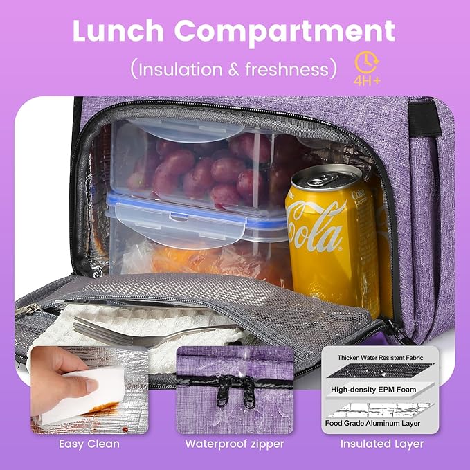 Lunch Backpack, Insulated Cooler Backpack Lunch Box for Women, 15.6 Inch RFID Blocking Laptop Backpack with USB Port, for Work Travel Picnics Hiking Purple