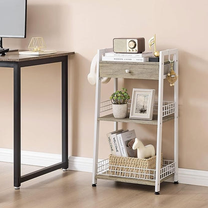 3-Tier Ladder Shelf with Drawer, Bathroom Floor Storage Shelf, Freestanding Tower Shelf Ladder Bookshelf for Living Room,Bedroom -White