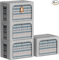 4 Pack Clothes Storage Bins with Metal Frame - Linen Fabric Foldable Stackable Container Organizer Set with Clear Window & Carry Handles & Zippers (Light Grey, 19.7"x15.7"x13")