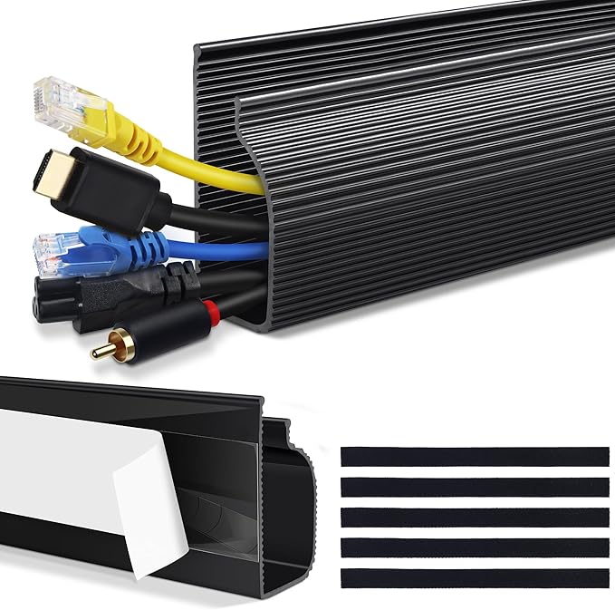 Cable Management Under Desk (31.5in J Channel 2x15.7in) Self Adhesive Cable Raceways Channel, Easy to Install Cord Cover Hider Desk Cord Organizer Electrical Black