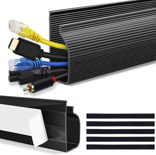 Cable Management Under Desk (31.5in J Channel 2x15.7in) Self Adhesive Cable Raceways Channel, Easy to Install Cord Cover Hider Desk Cord Organizer Electrical Black