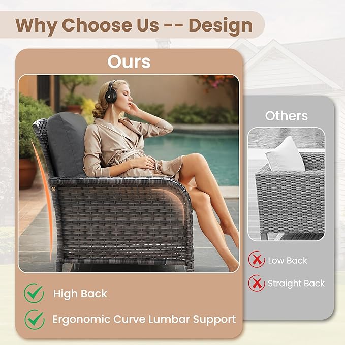 HOOOWOOO Patio Furniture Set,2 Pieces Outdoor Wicker Chairs Set,All Weather Bistro Chairs with Comfy High Back,Black