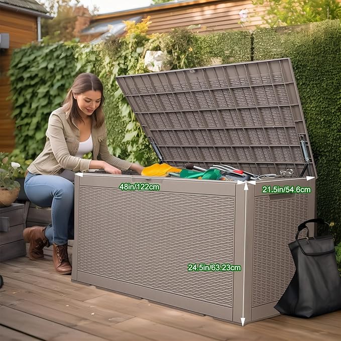 120 Gallon Outdoor Deck Box,Storage Lockable Waterproof Patio Furniture,Garden Tools,Cushions,Pool Accessories Outside Storage Resin Box(Grey)