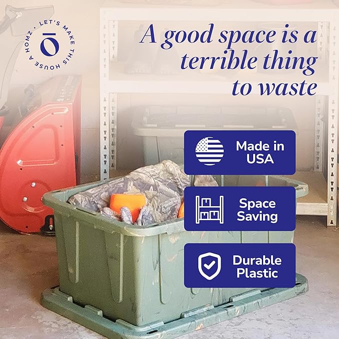 HOMZ 2-Pack Durabilt Tote, Heavy Duty Plastic Storage Bins with Lids, 27 Gallon, Green Camo - Stackable Organizing Containers for Home, Garage, and Office