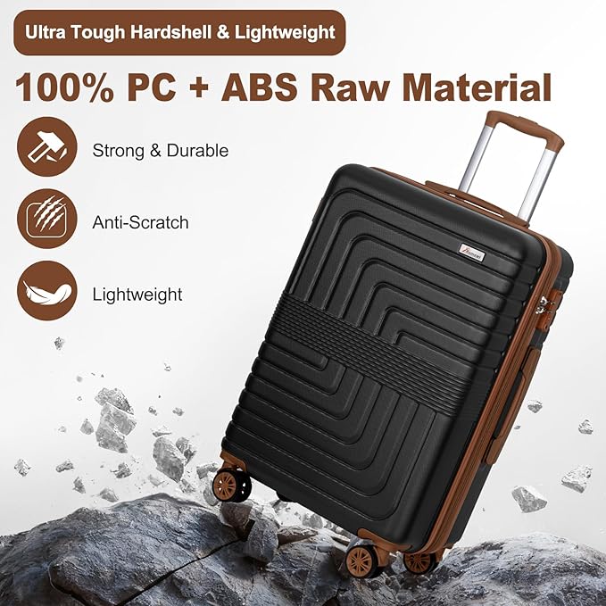 Romswi Expandable 24" Checked Luggage,Medium Hardshell Suitcase with Double Spinner Wheels for 20% More Space, Airline Approved Lightweight Hardside Luggage, Scratch-Resistant & YKK Zipper,Black