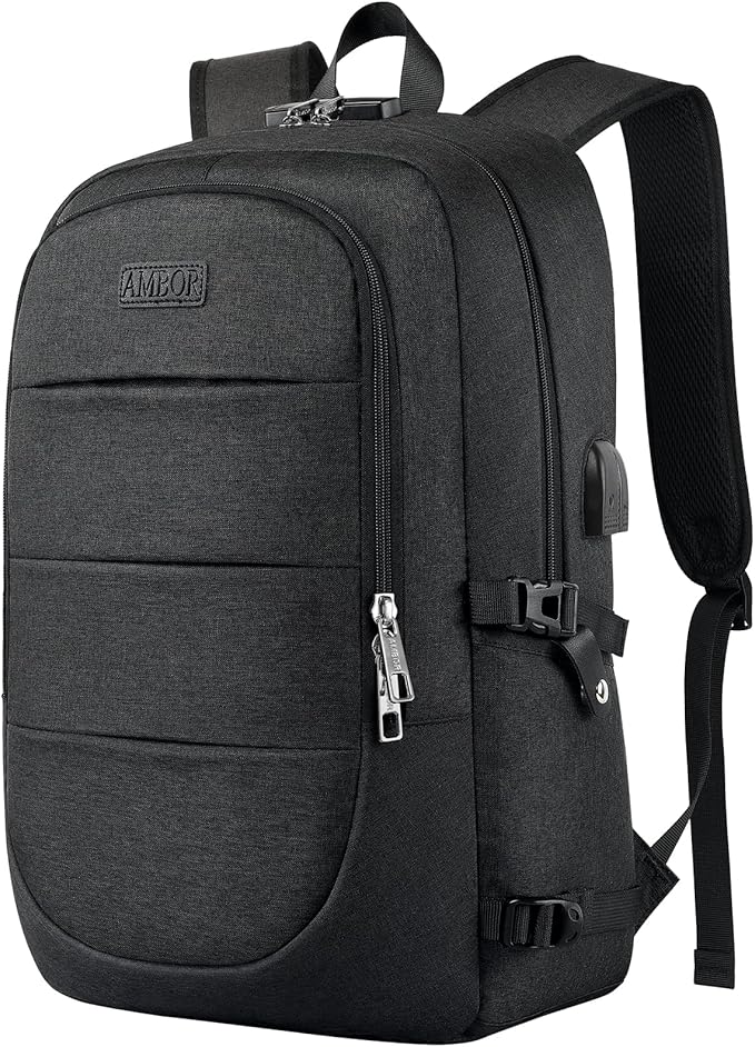 AMBOR Travel Laptop Backpack for Ｍen, 15.6-17.3 inch Laptop Backpack for School, Anti Theft Business Work Backpack with USB Charging Port, Water Resistant College Computer Bag for Men & Women, Black