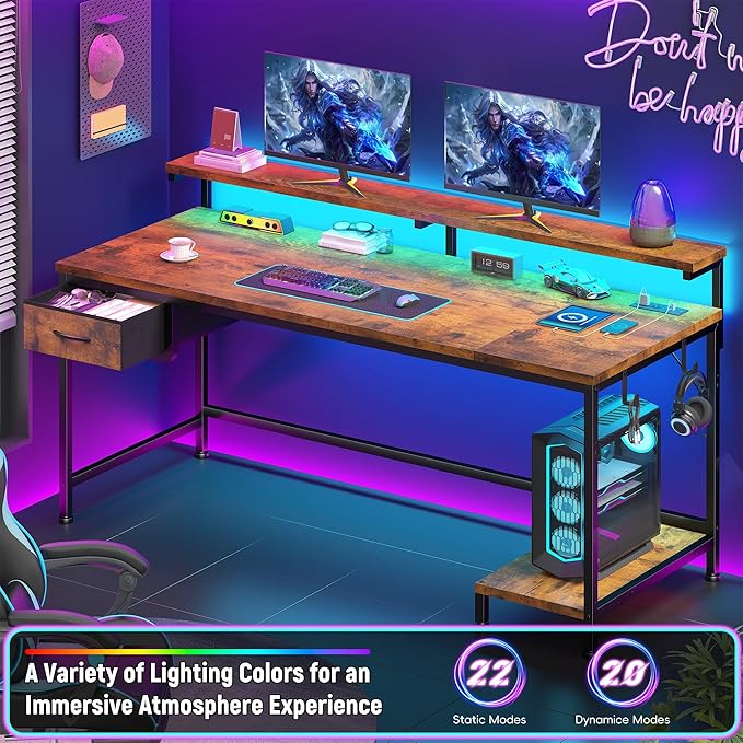 47.2 Inch Office Desk with Power Outlet & Ergonomic Monitor Stand,Gaming Desk with CPU Stand& LED Lights,Computer Desk with Drawer for Home Work,Study Redroom and Gaming,Small Spaces,Rustic Brown