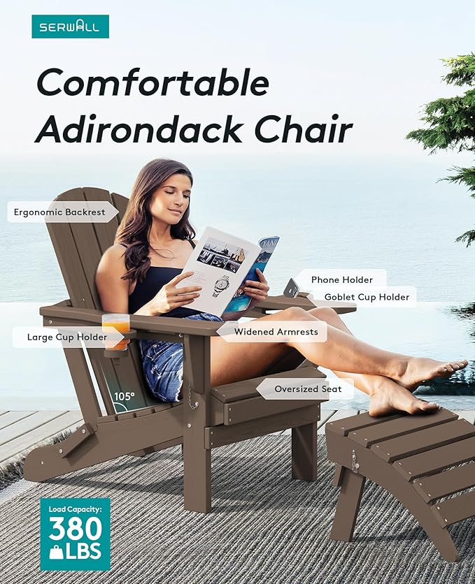 SERWALL Adirondack Chair with Cup Holders - Composite Adirondack Chairs HDPE Outdoor Chairs All Weather Use- Coffee