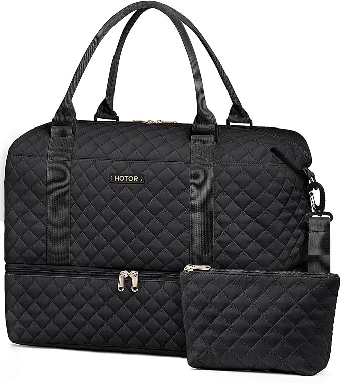 HOTOR Travel Duffel Bag - Weekender Bags for Women, Carry On Overnight Bag with Shoe Compartment, with Toiletry Bag for Travel Essentials and Travel Accessories, Black, 15.8"×18.1"×8.7"