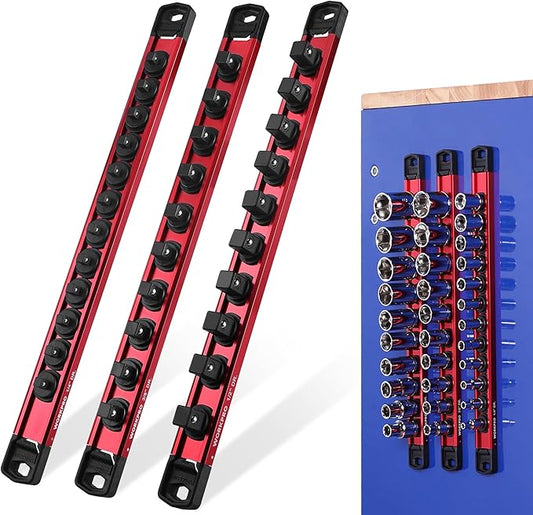 WORKPRO Magnetic Socket Organizer Set, 1/2" 3/8" 1/4" Drive Aluminum Alloy Socket Holder, 3PC Socket Rail with Removable Socket Clips, Socket Organizer Tray for Tool Box Drawer (Sockets Not Included)