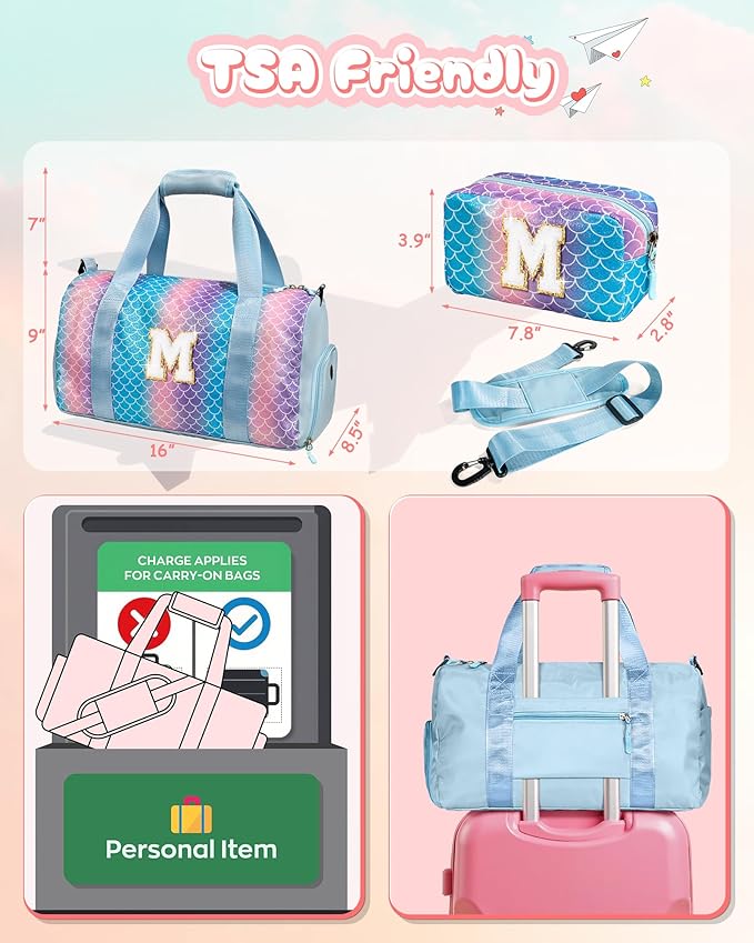 Pretee Girl Gifts-Girl Gym Bag with Shoe Compartment, Kid Personalized Weekender Overnight Bags, Initial Travel Tote with Makeup Pouch, Gift Ideas for Niece Sister (Letter O)