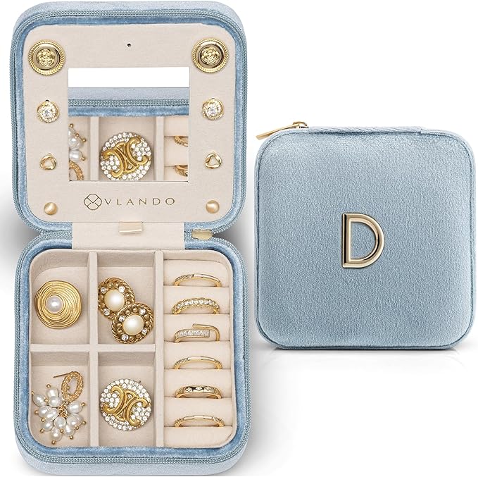 Vlando Wedding Gifts for Women, Jewelry Box, Bridal Shower Gifts, Bridesmaid Gifts for Wedding Day Bride Gifts, Personalized Jewelry Case - Letter D, Blue