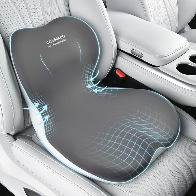 Coverado Car Seat Cushion and Lumbar Support Pillow One Piece, Memory Foam Ergonomic Back Support Driving Seat Cushion for Back Pain, Non-Slip Washable Cushion for Car, Driver, Office
