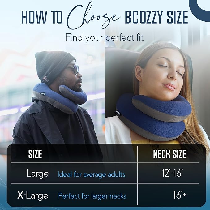 BCOZZY Travel Neck Pillow for Airplane– Patented Double Support for Head, Neck, and Chin. Best for Long Flights, Plane Sleeping, and Car Rides. Adjustable Size. Fully Washable. Carry Bag. Large, Black
